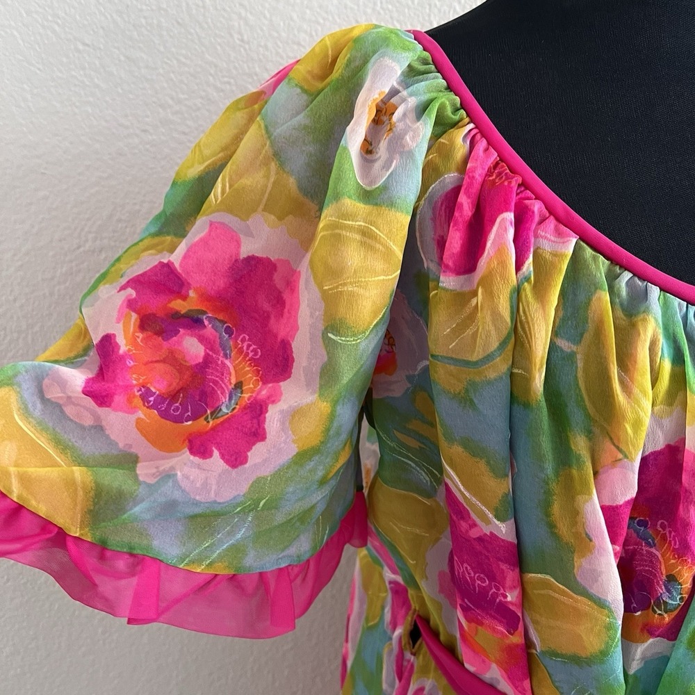 Vintage Jenelle of California Gown Belted Ruffles Floral Lined Colorful Nylon - Picture 4 of 14